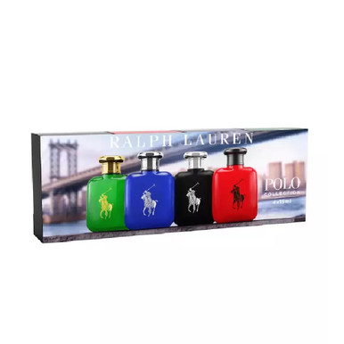 RALPH LAUREN POLO COLLECTION 4 PCS SET FOR MEN: POLO GREEN 0.5 EAU DE TOILETTE + POLO BLUE 0.5 EAU DE TOILETTE + POLO RED 0.5 EAU DE TOILETTE + POLO BLACK 0.5 EAU DE TOILETTE